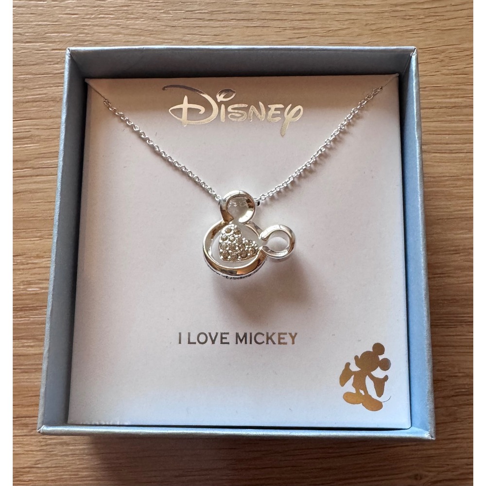 Disney I Love Mickey Mouse Crystal Heart Silver Tone Pendant Necklace LA Rocks